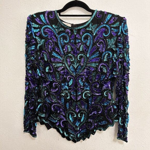 Laurence Kazar Tops - Sequin Top Black Blue Green Laurence Kazar Glam Evening New York Vintage Size L